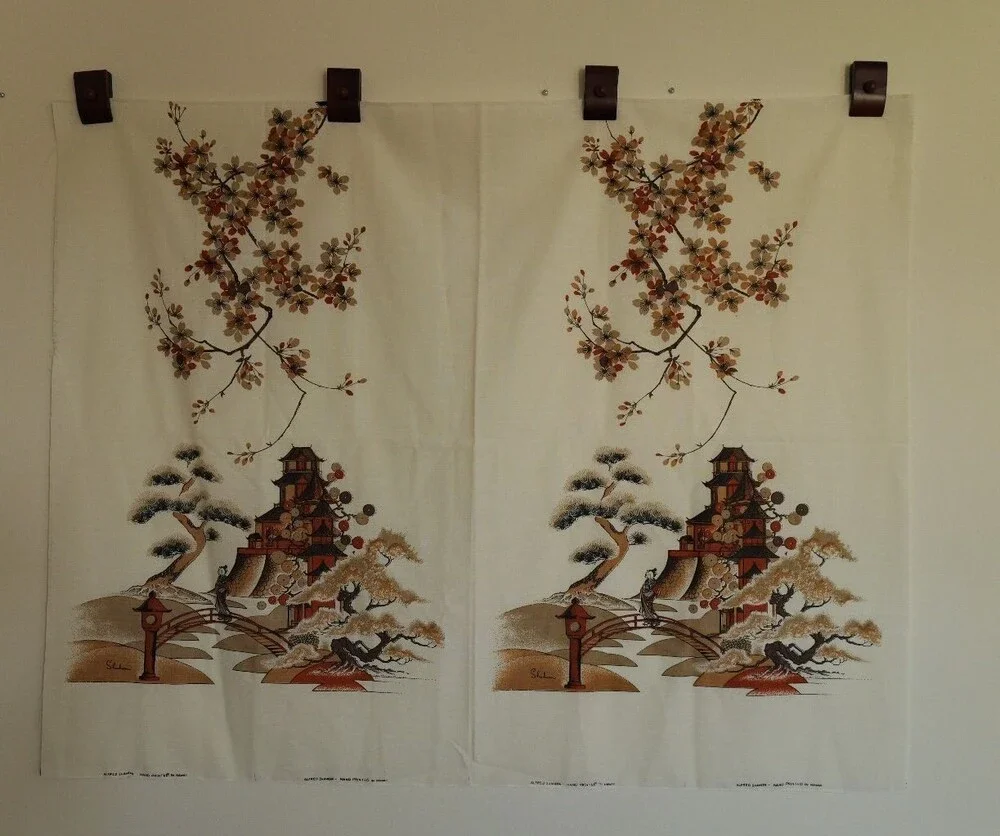 RARE Vintage Alfred Shaheen Hand-Printed Fabric Linen 1.5 Yards Japanese Motif